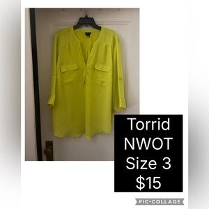 Torrid 3/4 Length Sleeve Neon Yellow Blouse